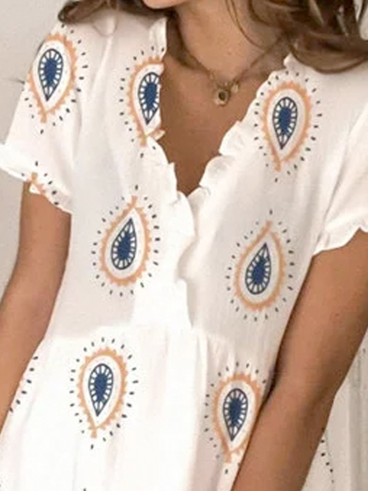 Holiday casual ruffled short sleeve V-neck print dress