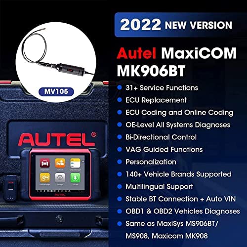 Autel Scanner MaxiCOM MK906BT with MV105, 2022 New Version of Maxisys MS906BT/MS908/MK908, OBD2 Auto Scan Tool with Advanced ECU Coding, Bi-Directional Control, 31+ Services, All System Diagnostics