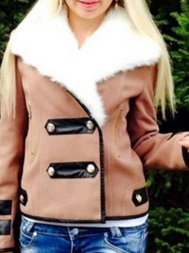 Cony Hair Zipper Winter Warm Lapel Long Sleeve Patchwork Jackets