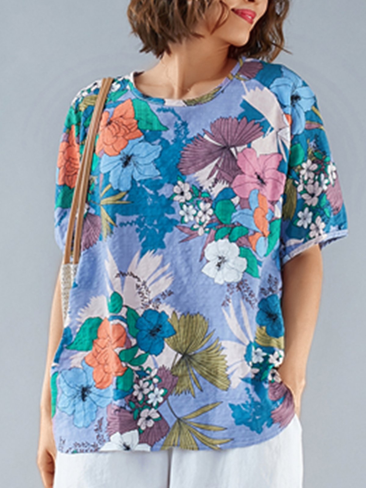 Plus Size Women Short Sleeve Round Neck Vintage Floral Casual Tops