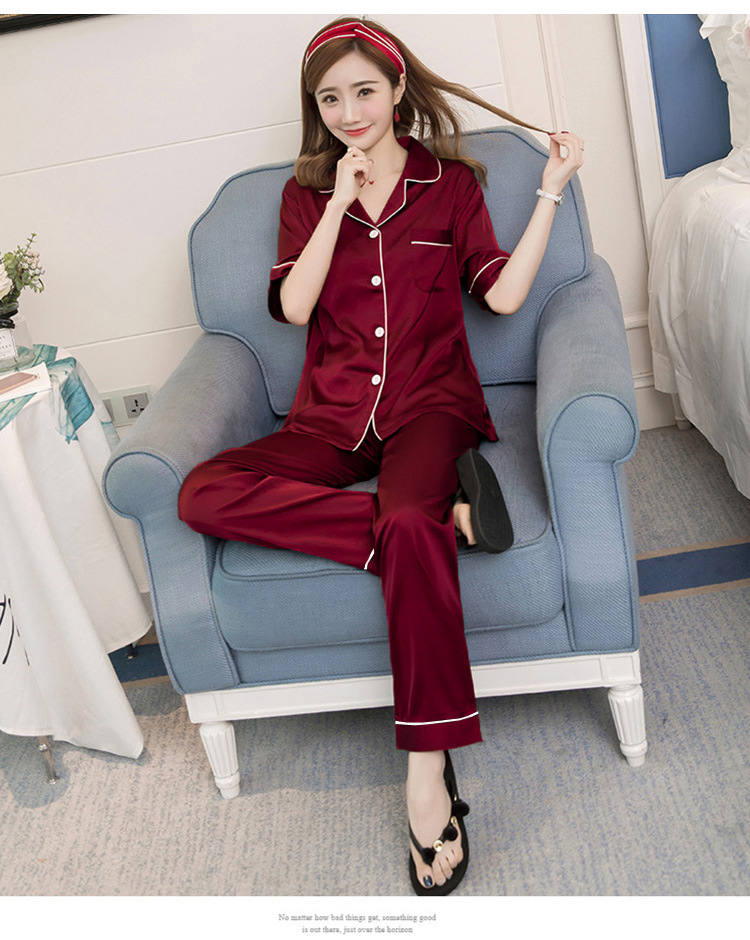 睡衣女士仿真丝夏季短袖长裤开衫少女丝绸 厂家代发 跨境亚马逊