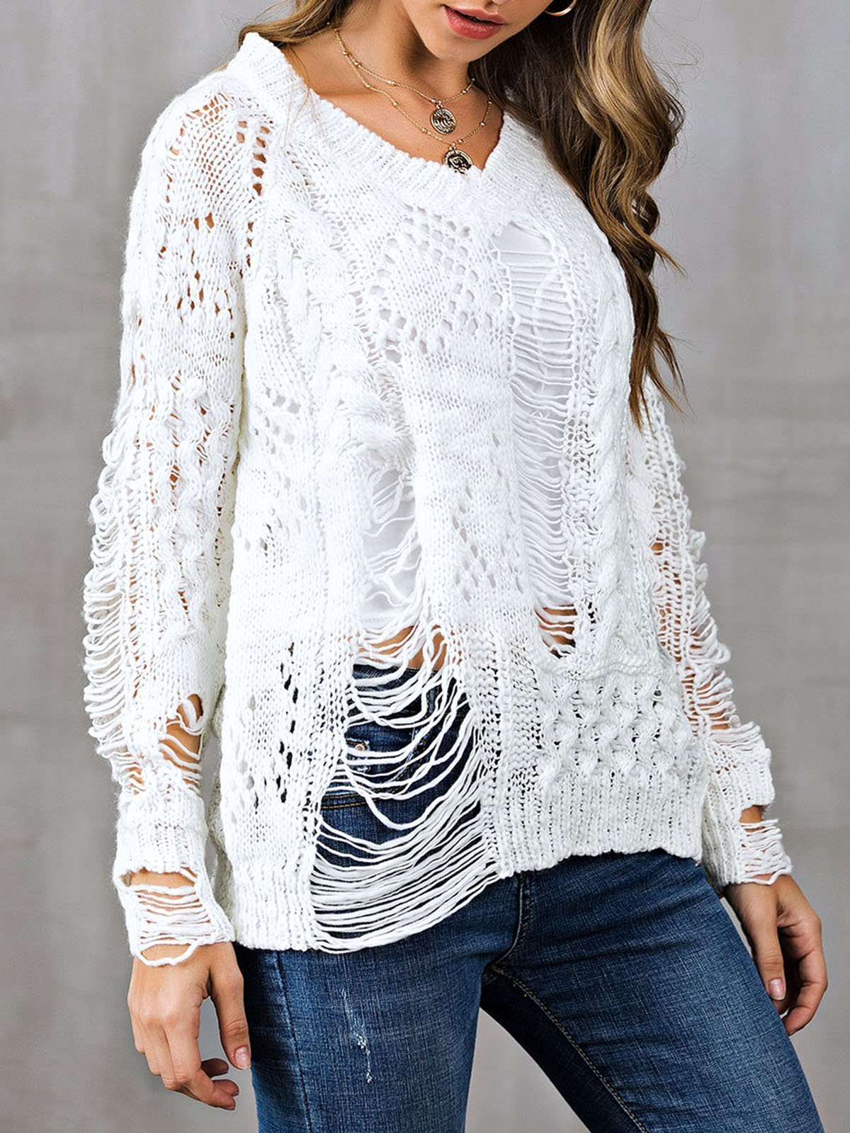 V Neck Casual Long Sleeve Ripped Sweaters