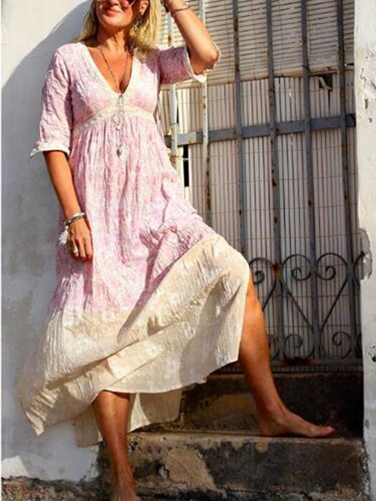 Pink Printed V Neck Boho Dresses