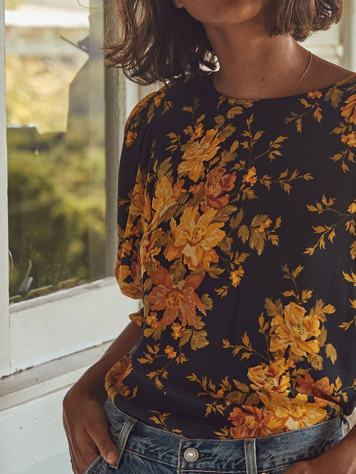 Flower Half Sleeve Shift Shirts & Tops