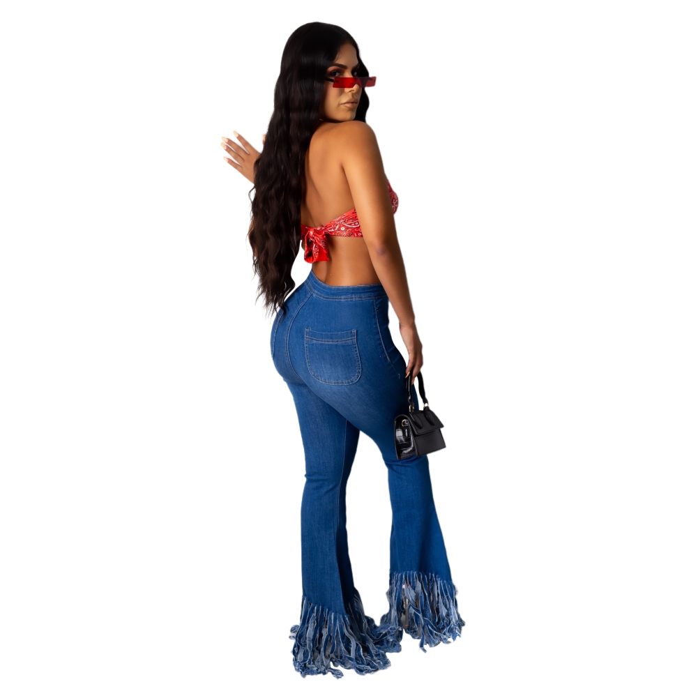 Blue High Waist Bell Bottom Fringe Jeans