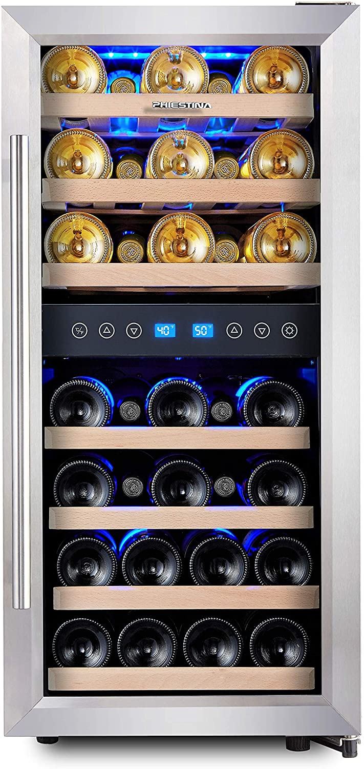 Phiestina Dual Zone Wine Cooler Refrigerator �C 33 Bottle Free Standing Compressor Fridge