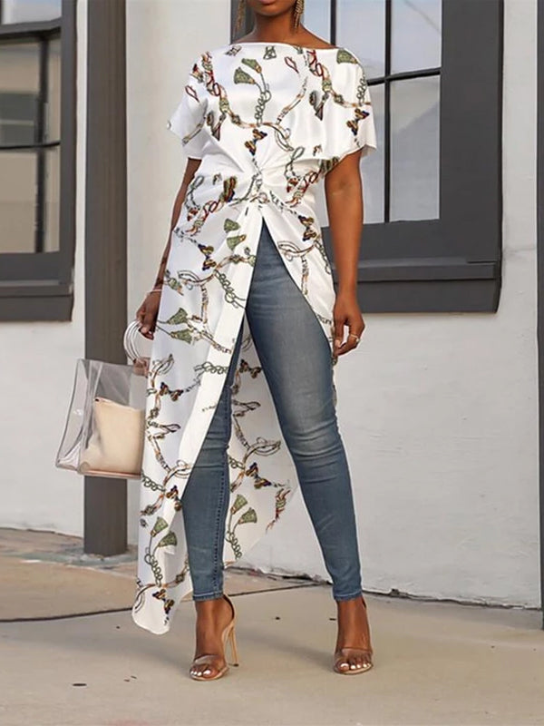 Fashion Printing Short Sleeve Open Fork Long Cardigan