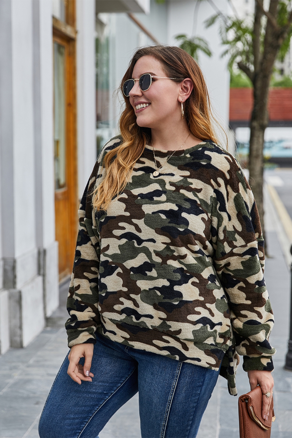 Plus Size O Neck Camou Shirt with Slit Sides