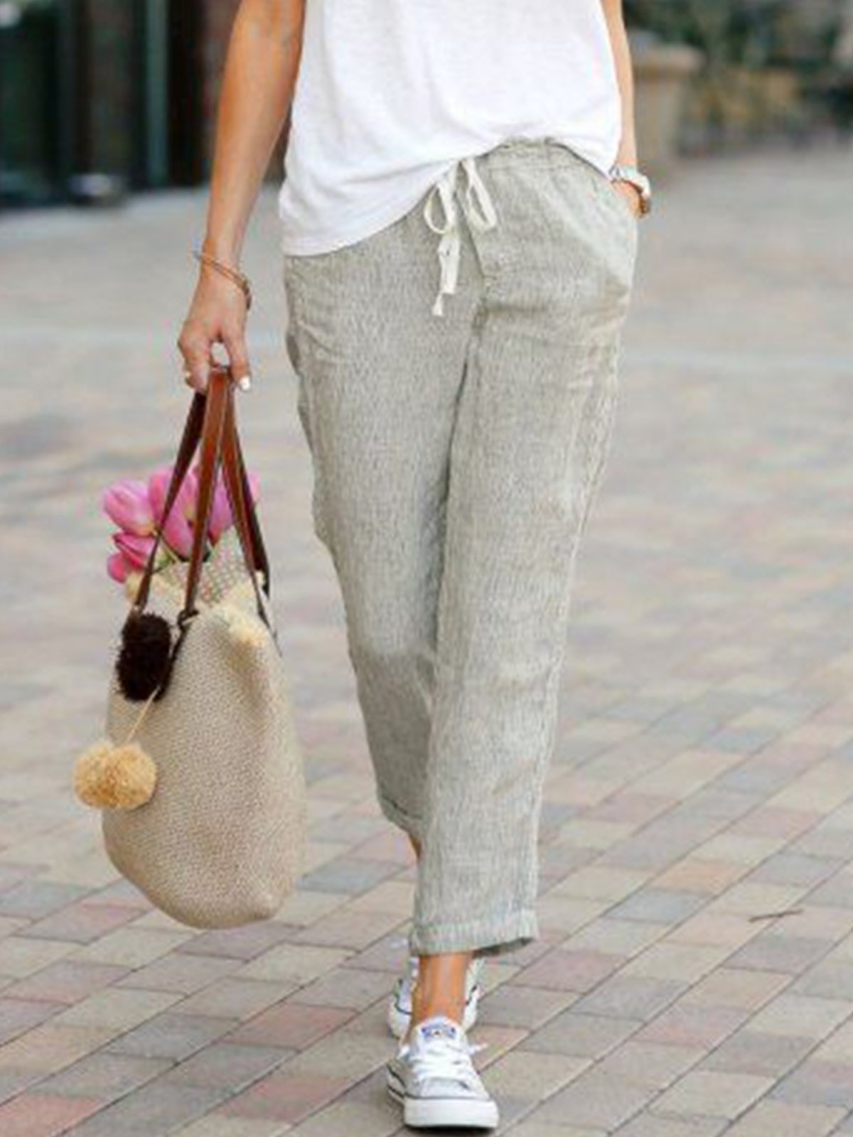 Solid Drawstring Casual Linen Pants
