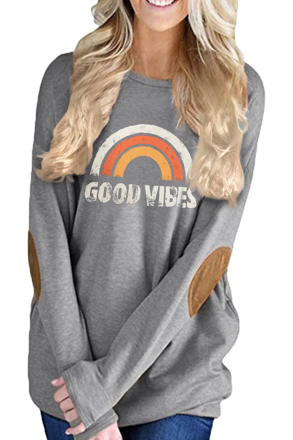 Light Gray Crew Neck Long Sleeve Elbow Patch Sweatshirt