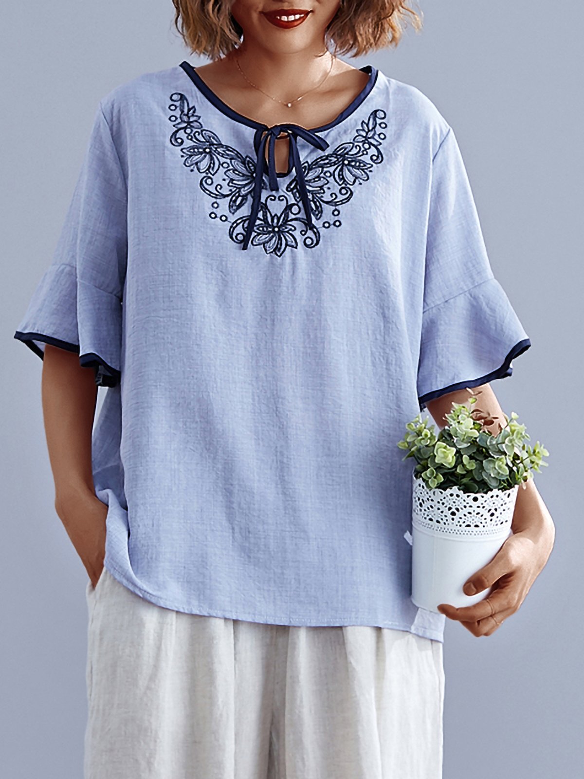 Plus Size Women Short Sleeve Round Neck Vintage Floral Casual Tops