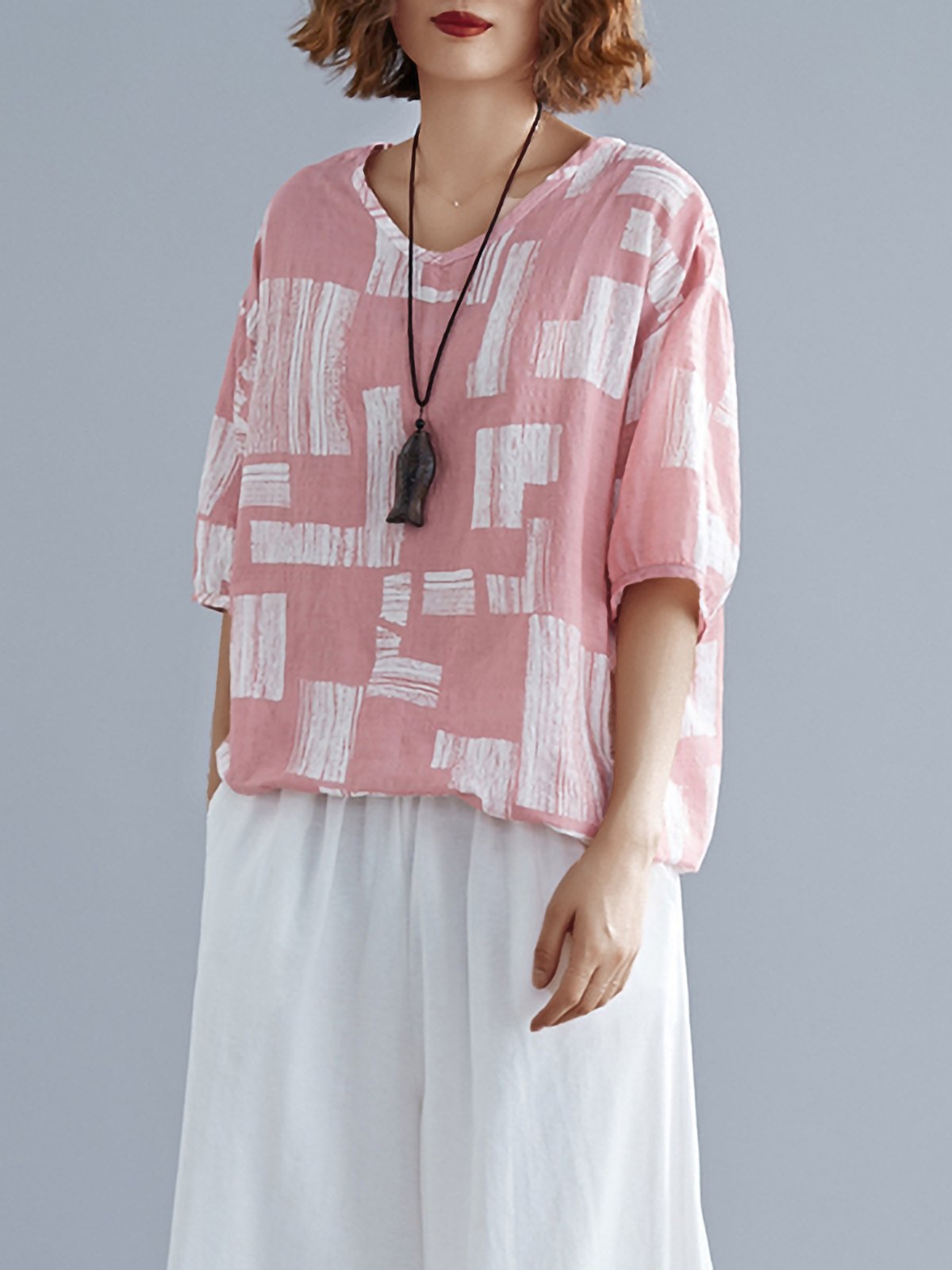 Plus Size Women Cotton And Linen V Neck Short Sleeve Vintage Floral Casual Tops