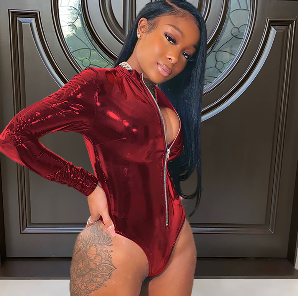 Winter Party Sexy Zip Up Long Sleeve Leather Bodysuit
