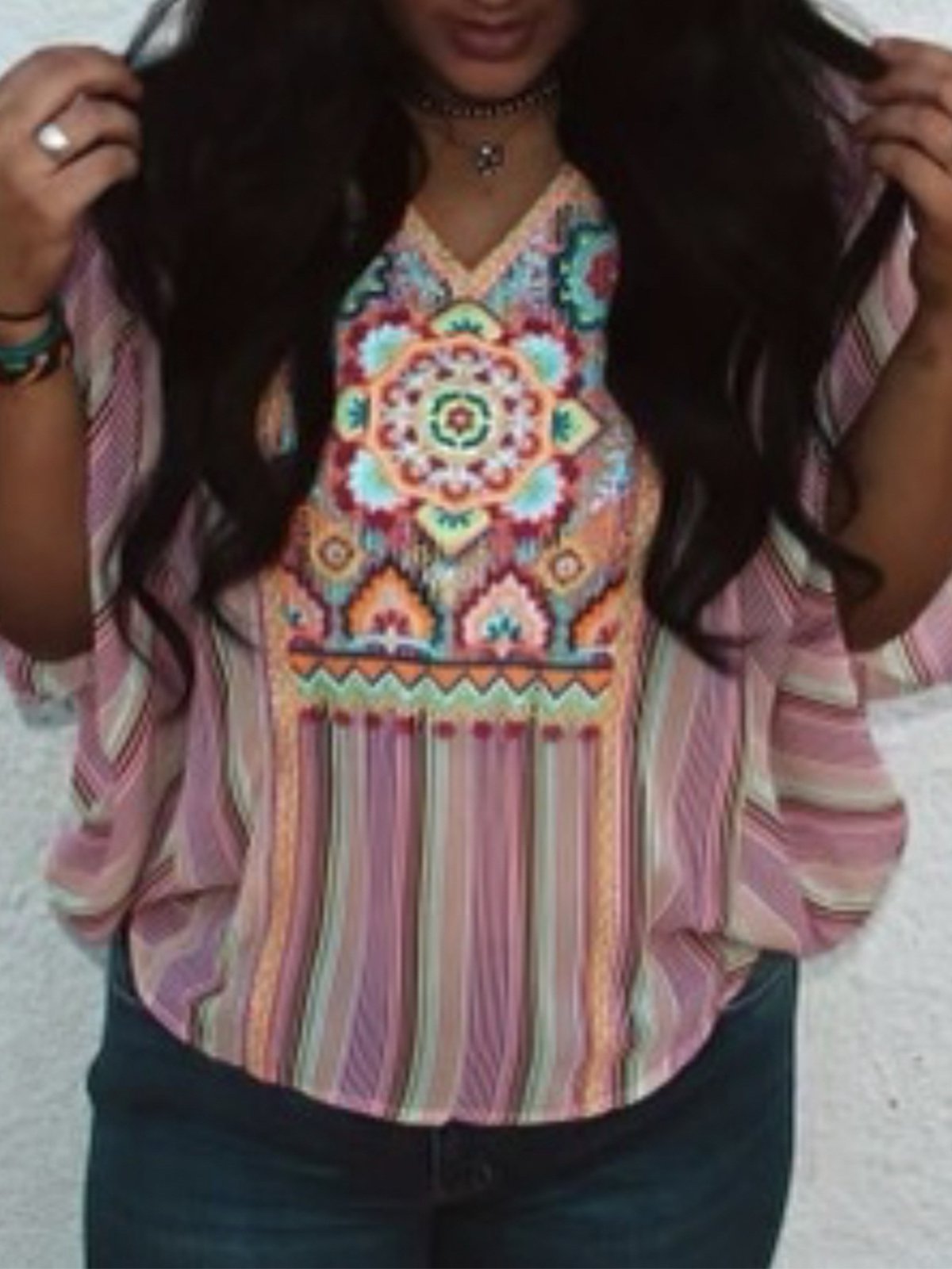 Chiffon Tribal Long Sleeve V Neck Shirts & Tops