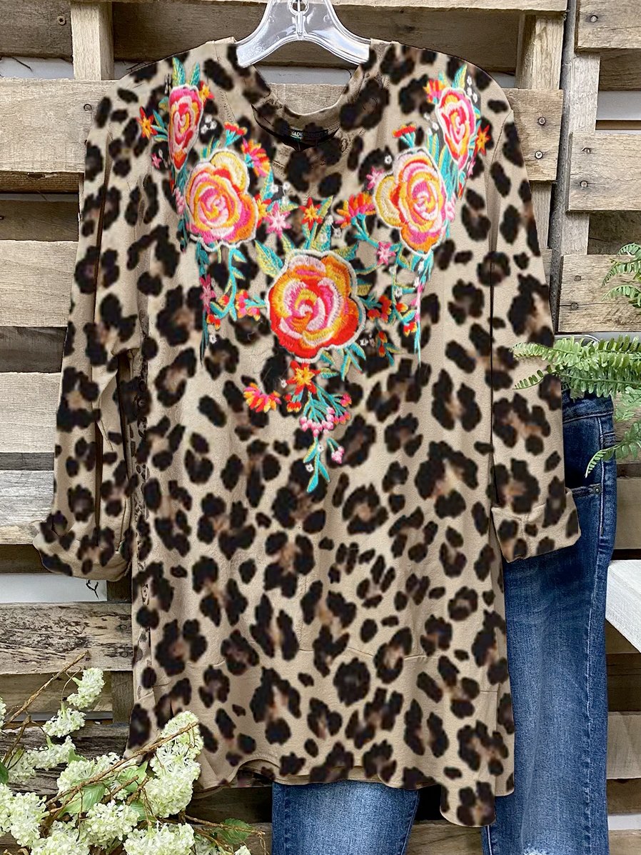 Long Sleeve Vintage Jersey Leopard Shirts & Tops