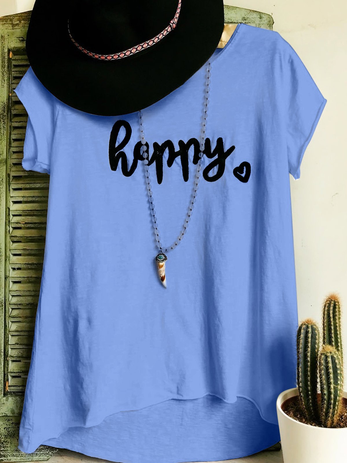 Plus Size Women Short Sleeve Happy Floral Casual Tops