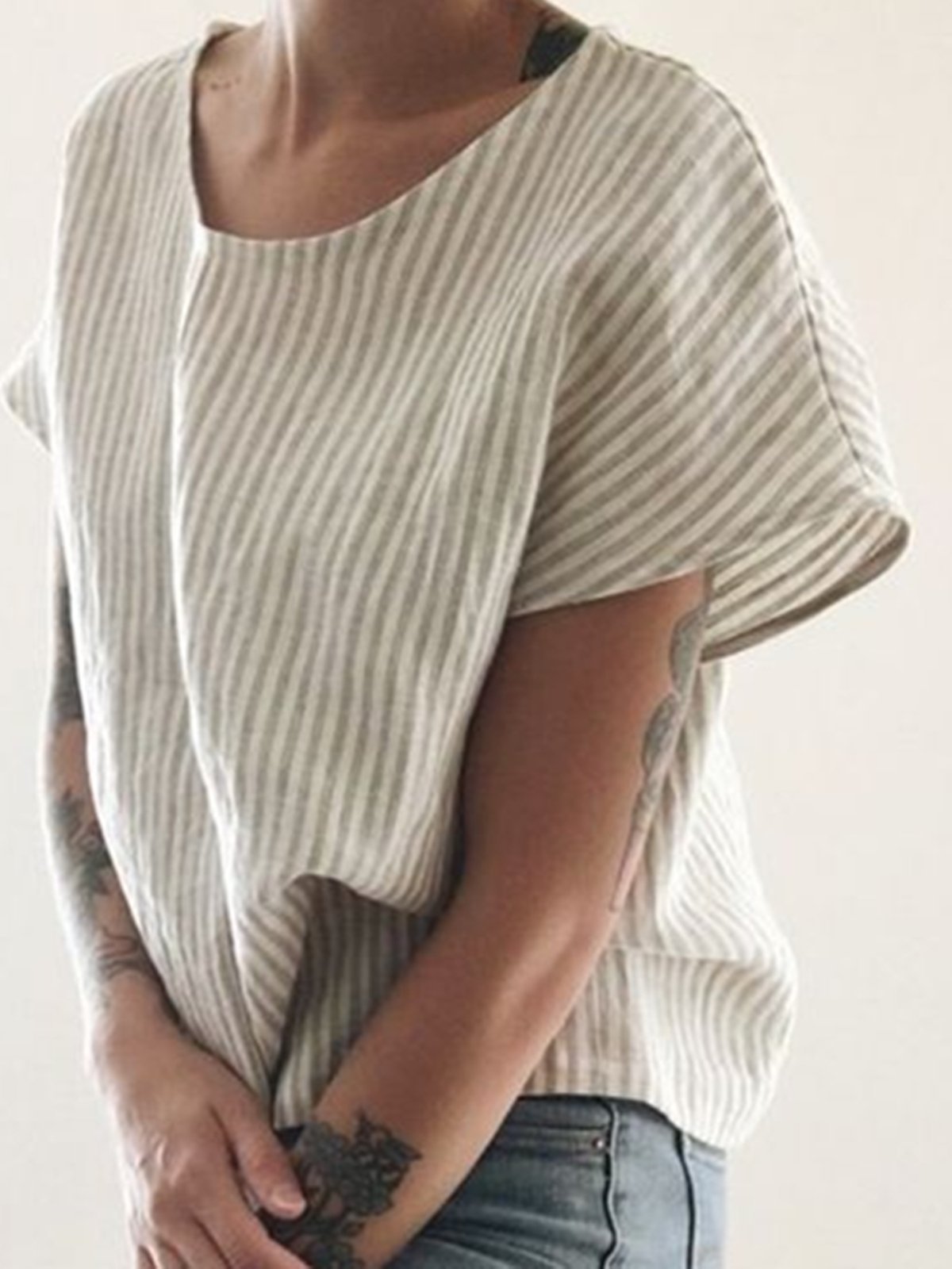Cream Linen Short Sleeve Stripes Crew Neck Shirts & Tops