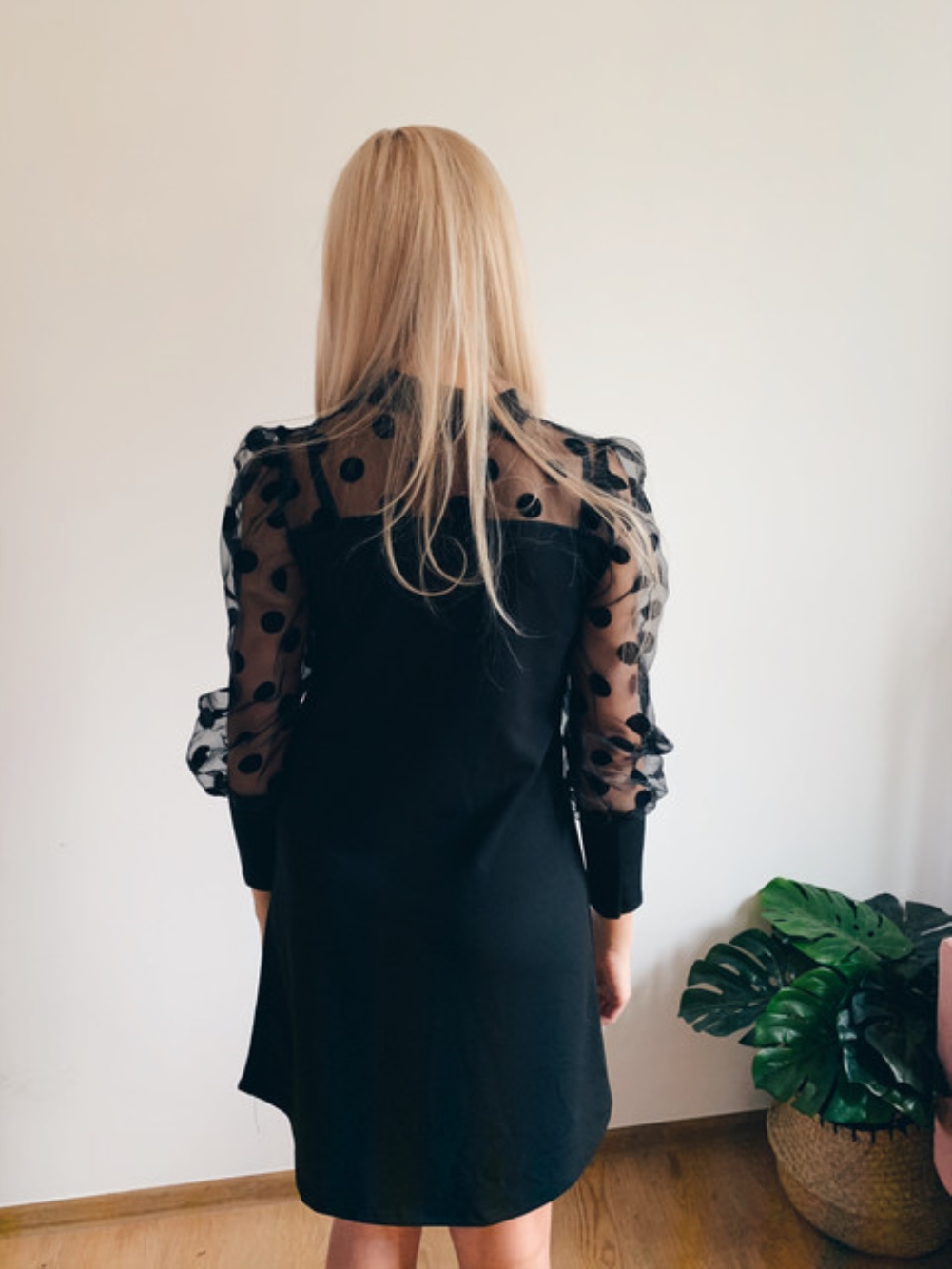 Black Polka Print Long Sleeve A-Line Dress