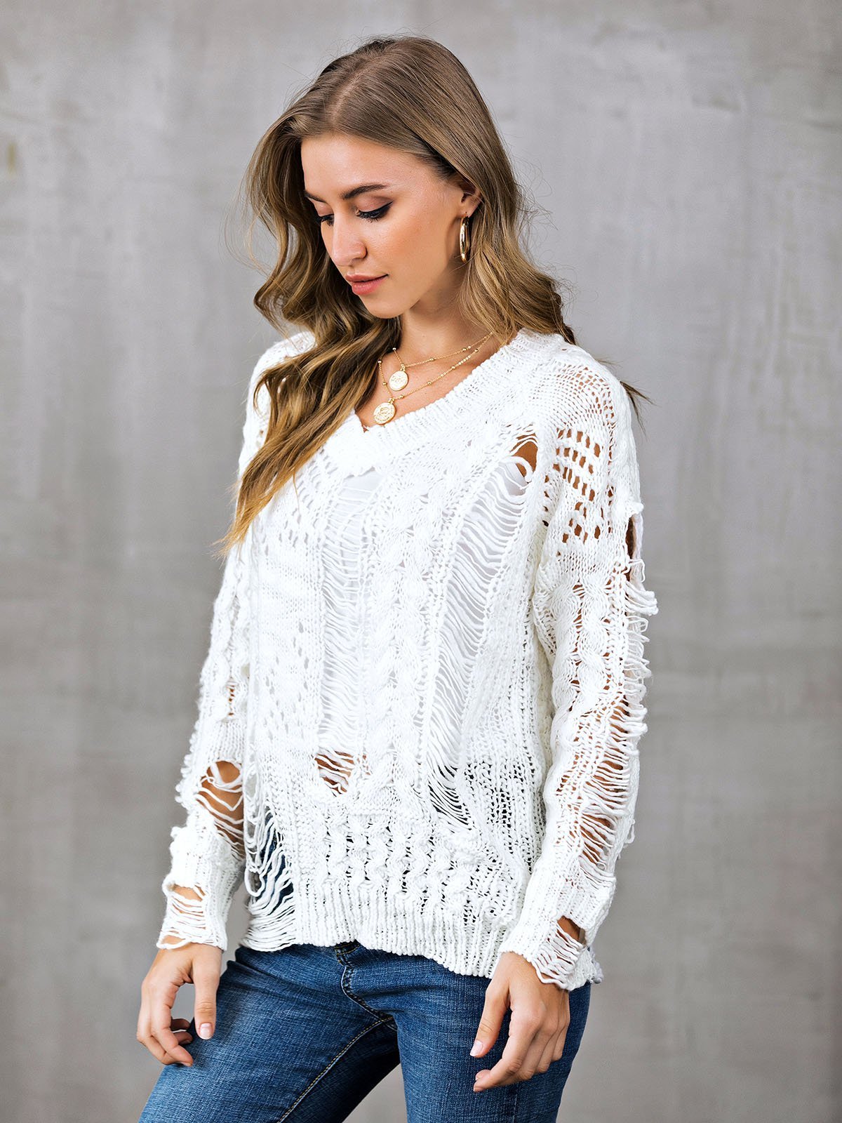 V Neck Casual Long Sleeve Ripped Sweaters