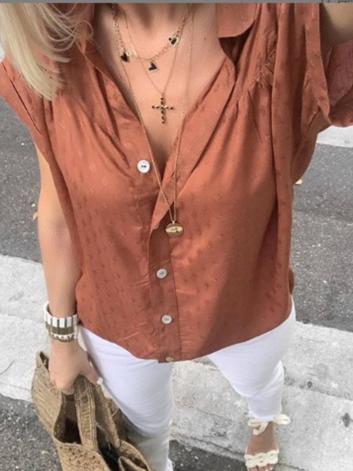 Red Brown Cotton-Blend V Neck Polka Dots Short Sleeve Shirts & Tops