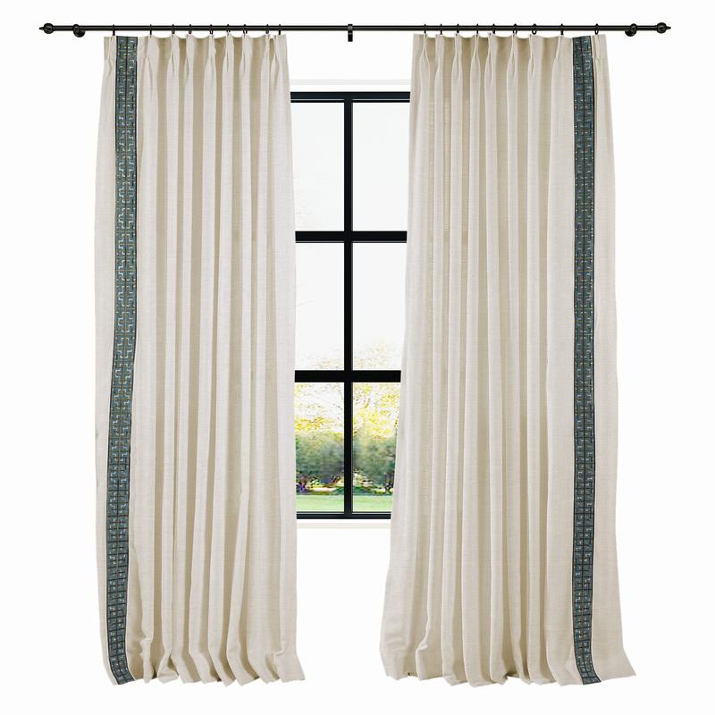AMARA Polyester Linen Curtain Drapery With Decorative Trim Custom Sold Per Pair