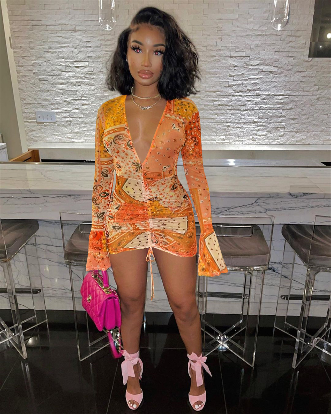 European and American women's sexy tight-fitting mesh printed deep V dress cross-border women's clothing FE091