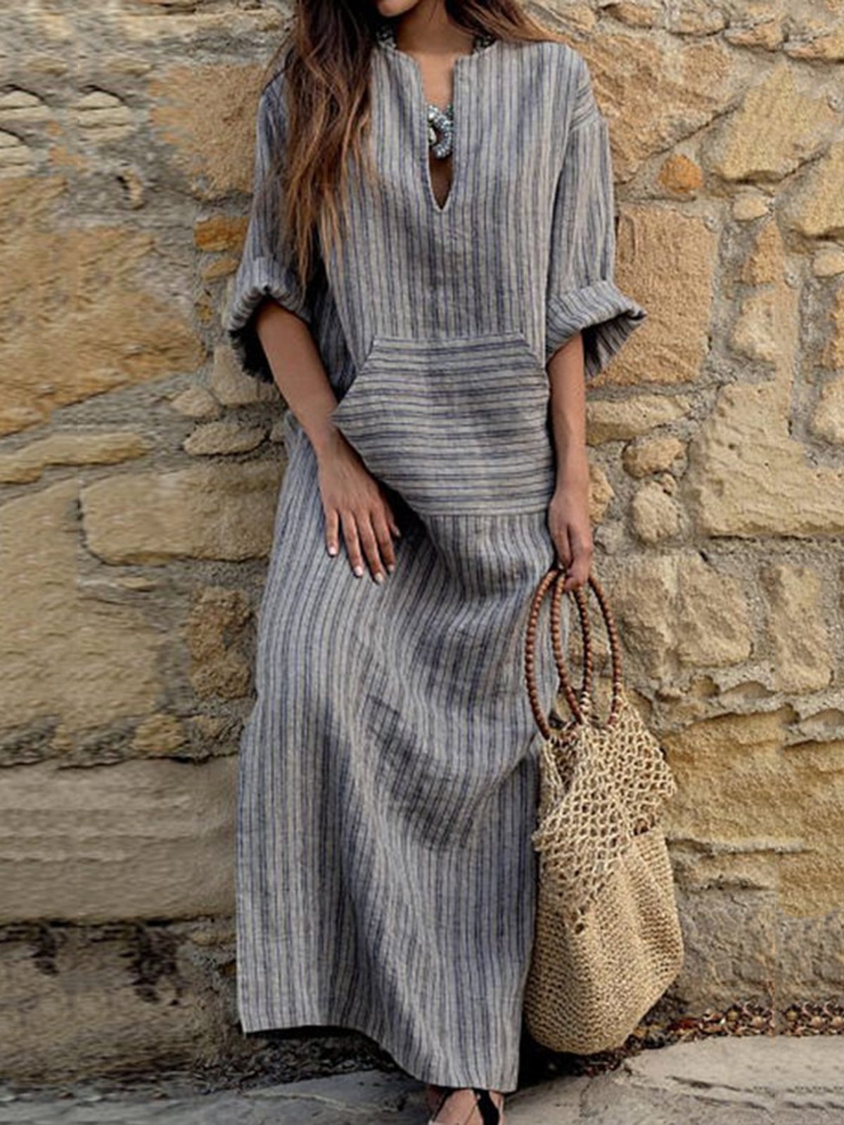 Plus Size Women  Shift Daily Linen Long Sleeve Pockets Striped Dress