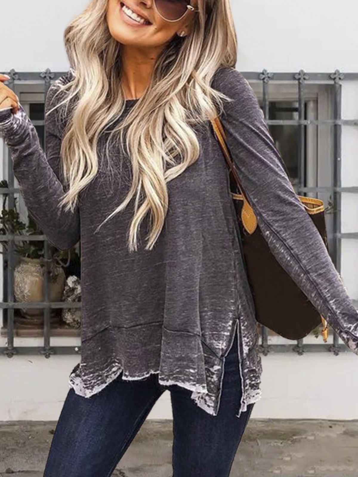 Plus Size Crew Neck Casual Long Sleeve Tops