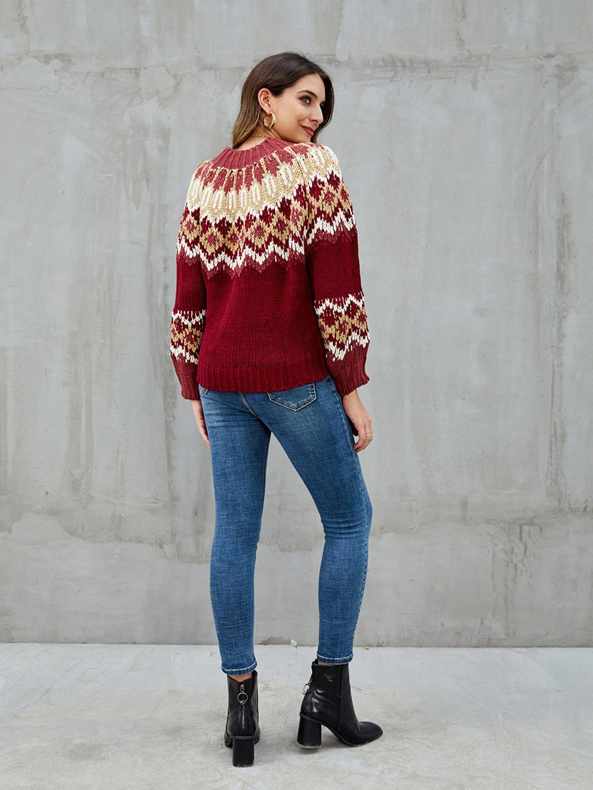 Burgundy Casual Tribal Knitted Acrylic Sweaters