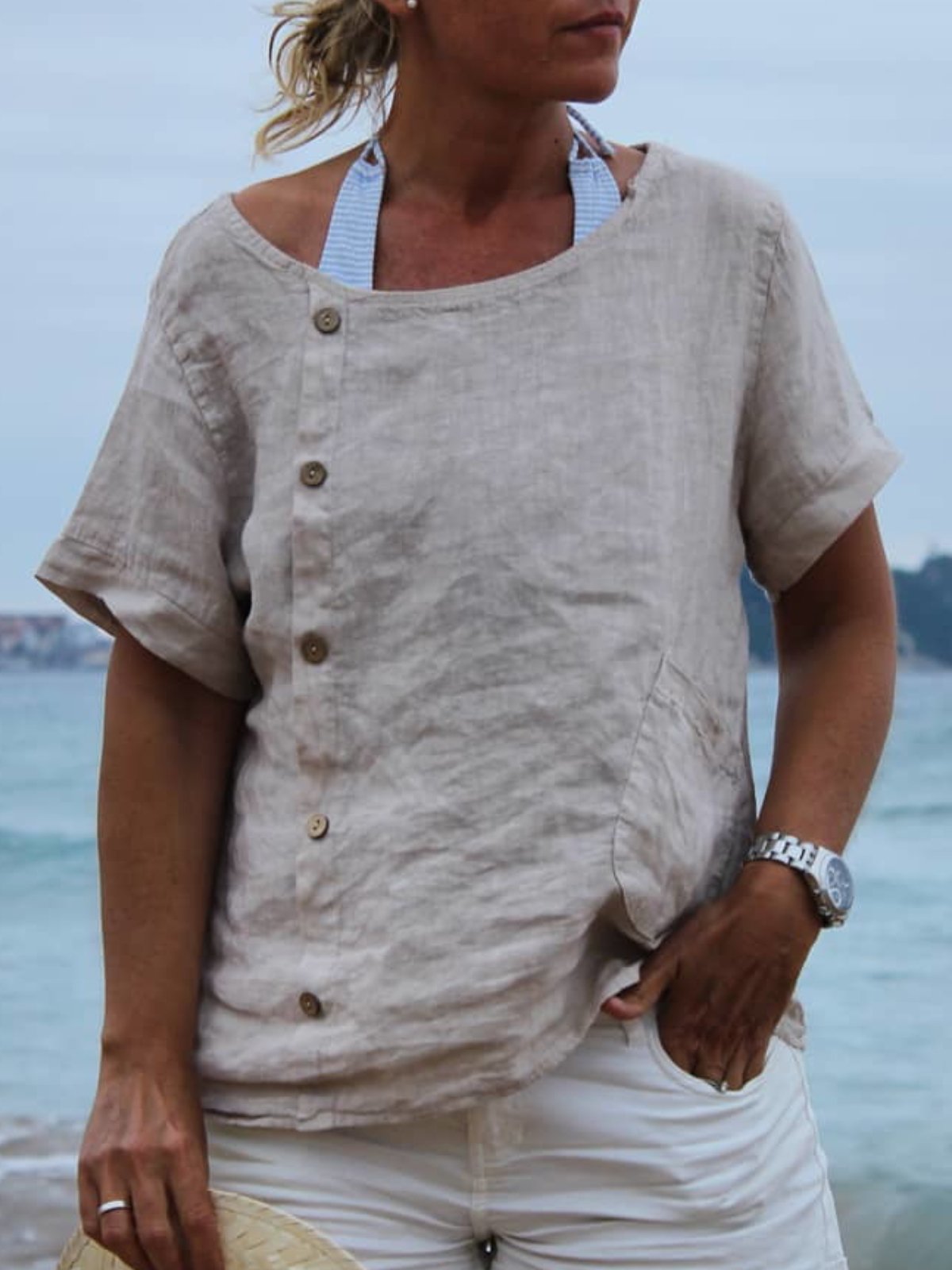 Plus Size Casual Solid Crew Neck Short Sleeve Tops