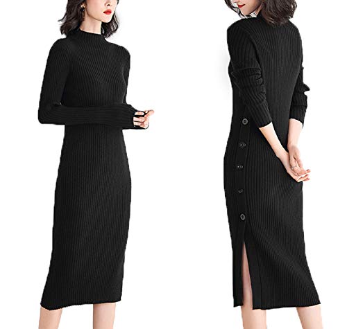 连衣裙 女士 长款 针织 毛衣 修身 紧身 针织连衣裙 毛衣连衣裙 高领 长袖 长款 开叉 打底连衣裙 秋冬 显瘦 优雅