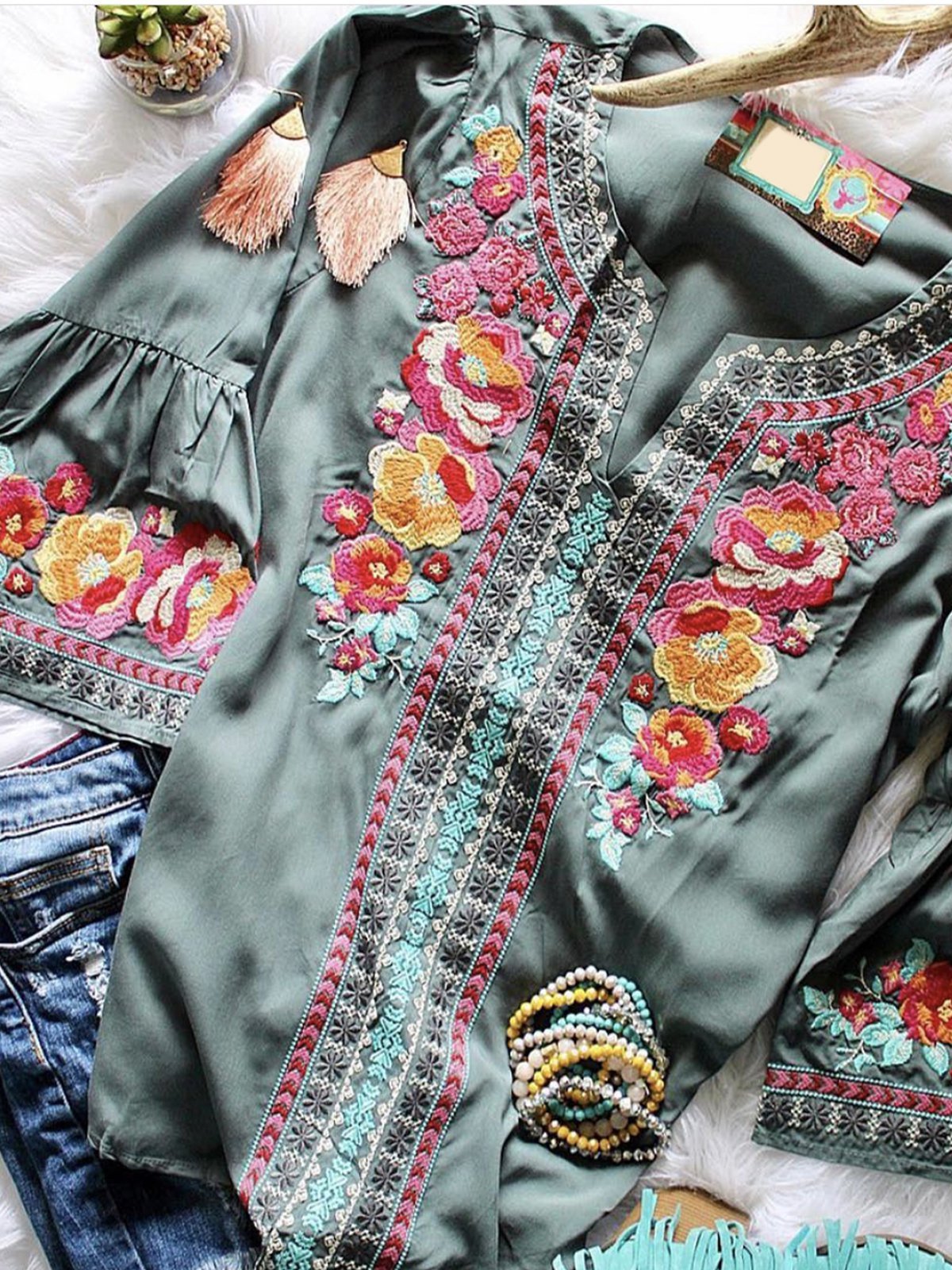 V Neck Floral Vintage 3/4 Sleeve Shirts & Tops