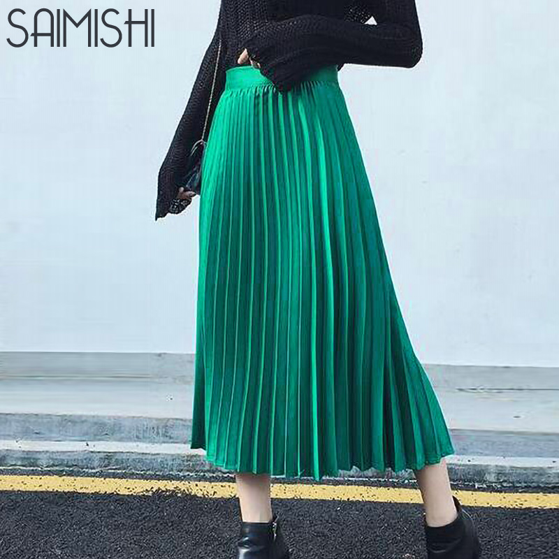 Saimishi Spring Autumn Fashion Women's High Waist Pleated Solid Color Half Length Elastic Skirt Promotions Lady Black Pink Grey