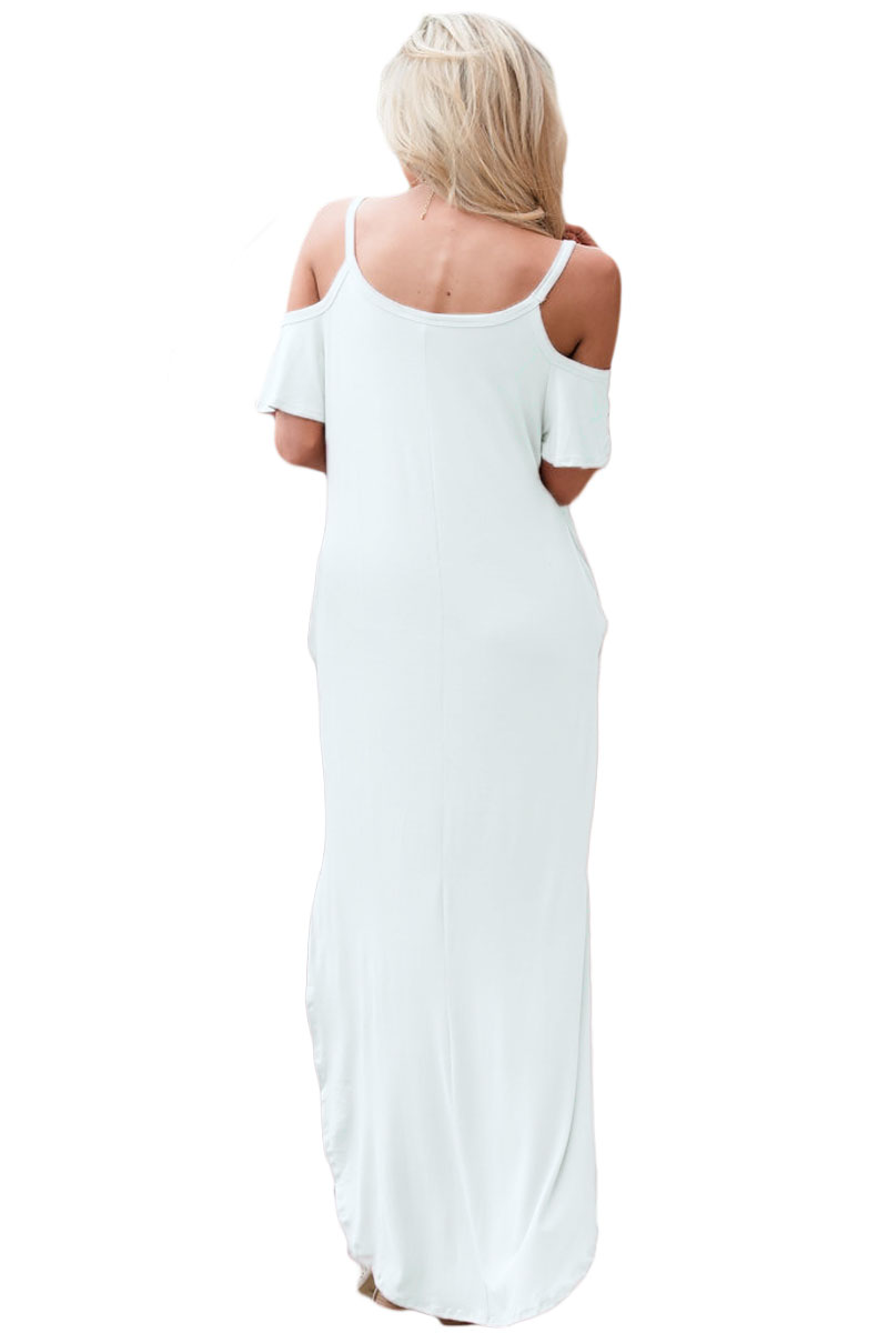 White Sassy Open Shoulder Maxi Dress