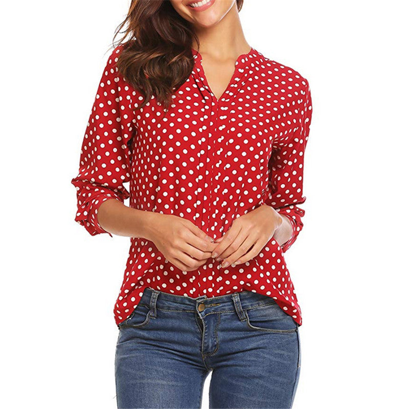 Plus Size Polka Dot Chiffon Blouse Shirts V-neck Long Sleeve Tops
