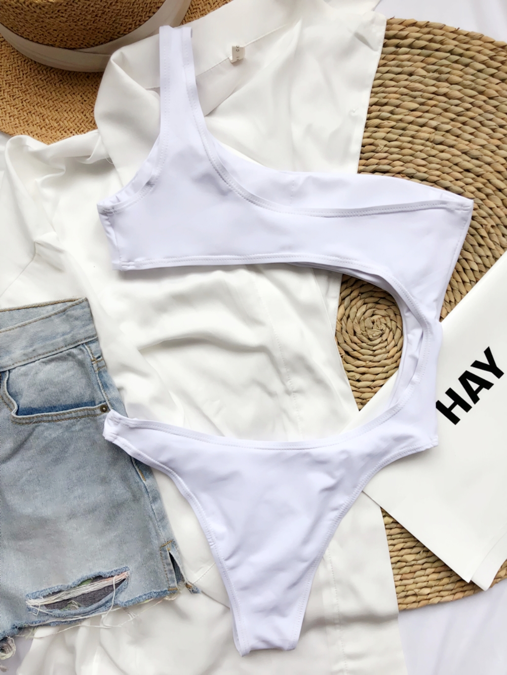 Sexy Plain One Piece Single Shoulder Swimwear