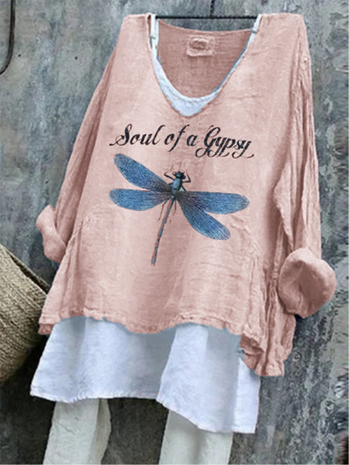 Blue Long Sleeve Animal Cotton-Blend V Neck Shirts & Tops