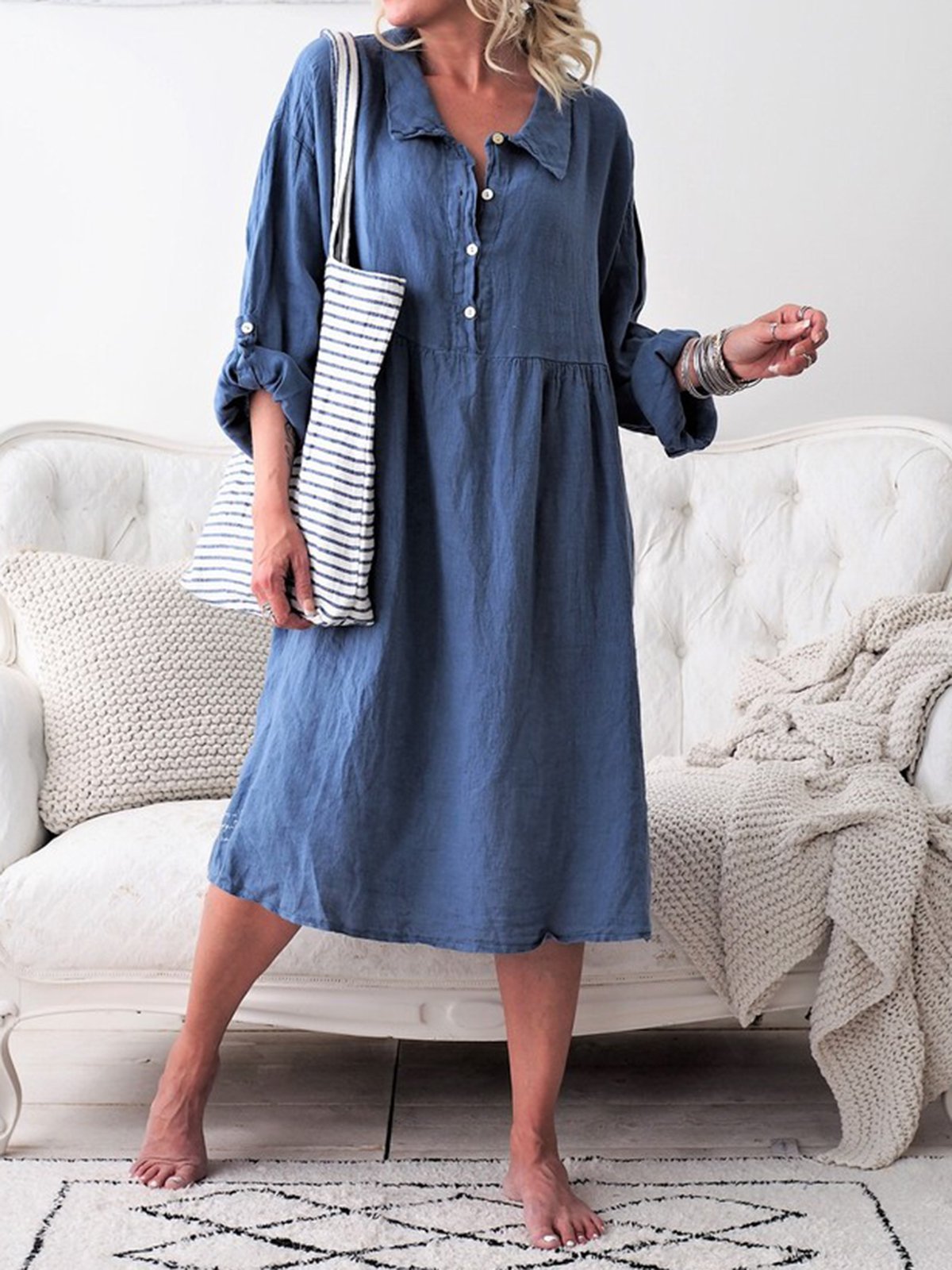 Women Casual Summer Dress Convertible Long Sleeves Buttoned Loose Dresses