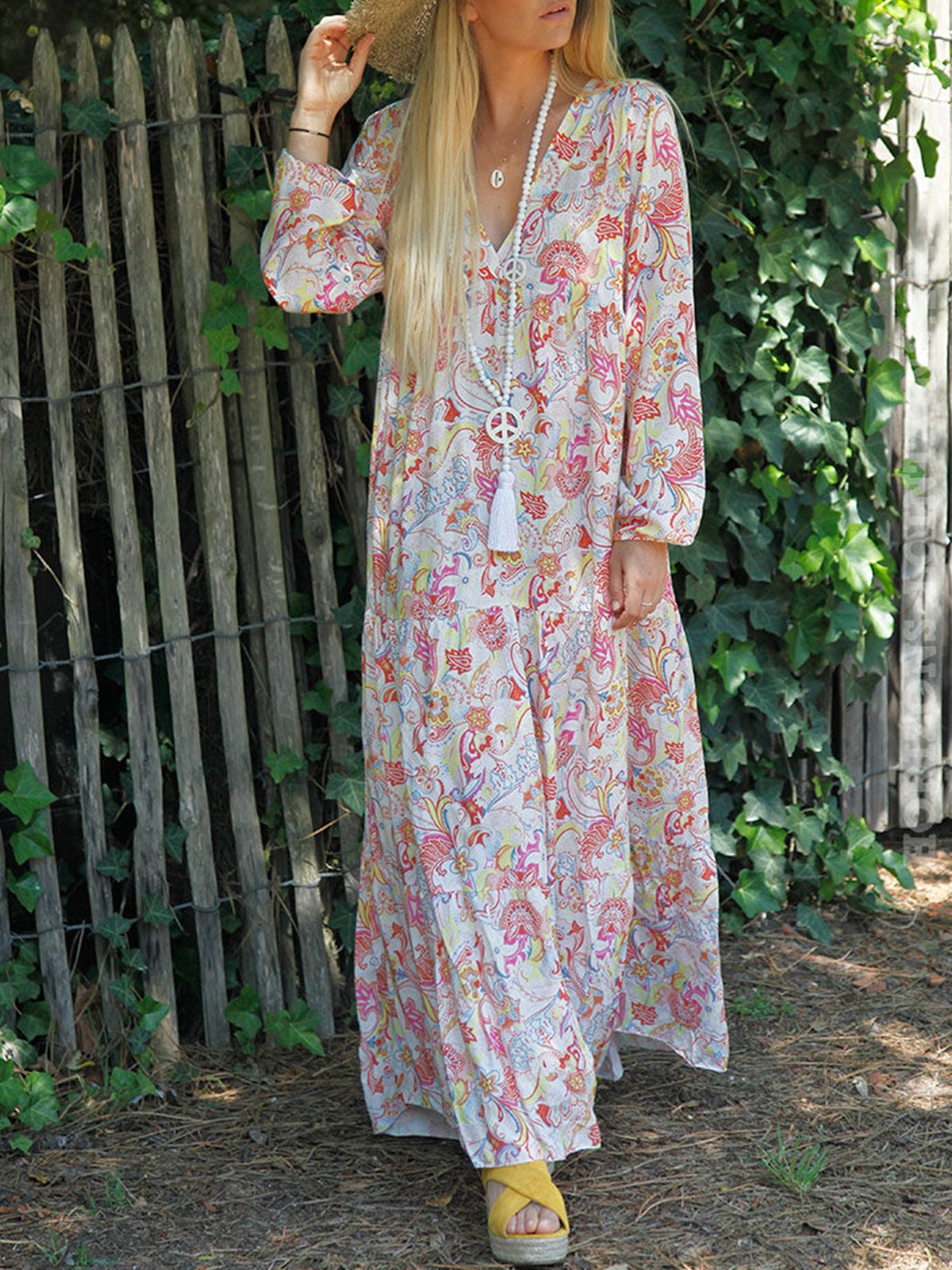 Printed/dyed Casual Cotton V Neck Dresses