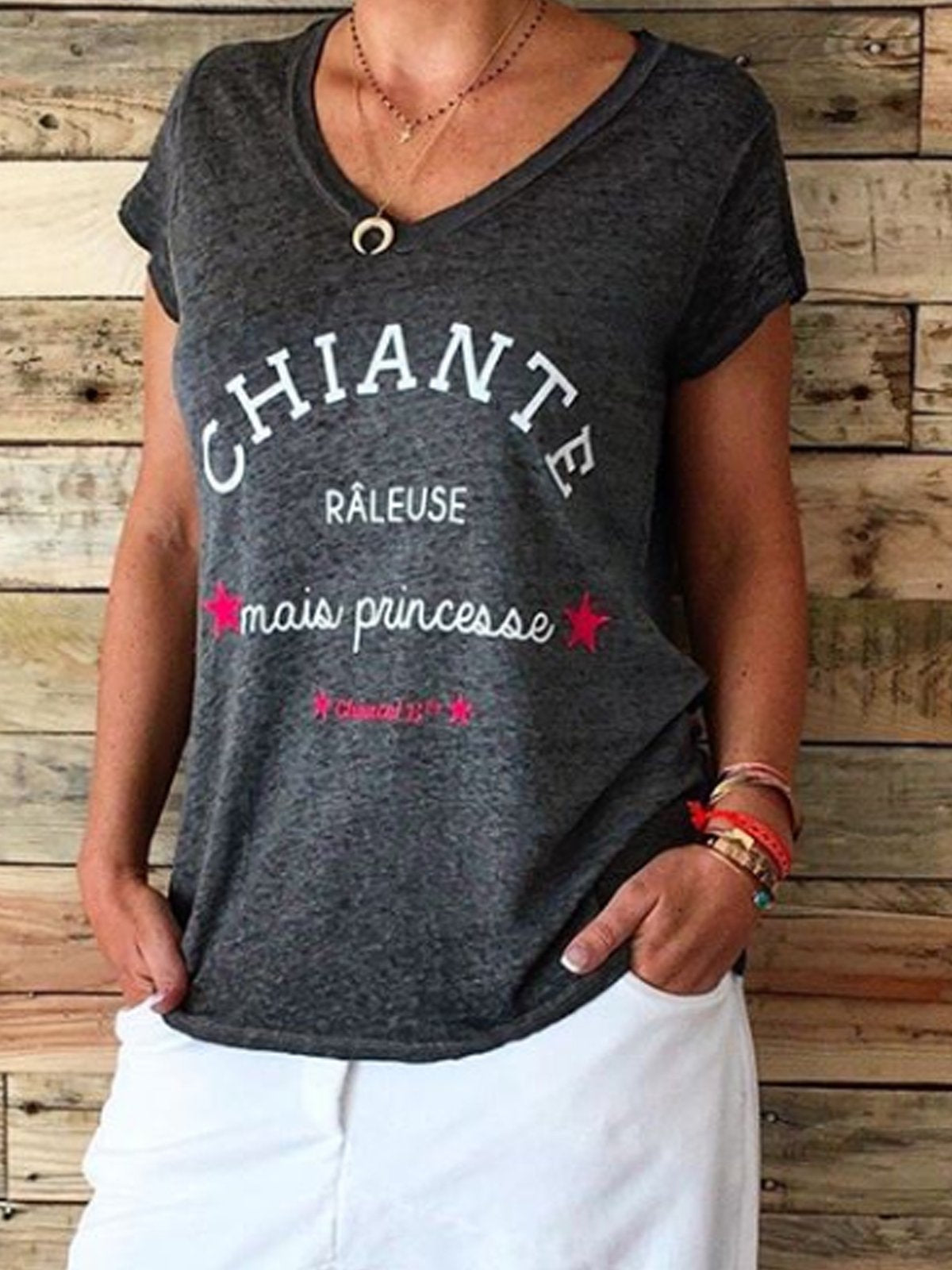 Black Cotton-Blend Casual Letter Shirts & Tops