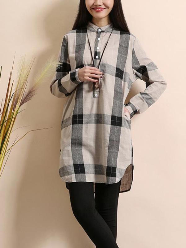 Long Sleeve Women Linen Cotton Plaid Casual Shirt