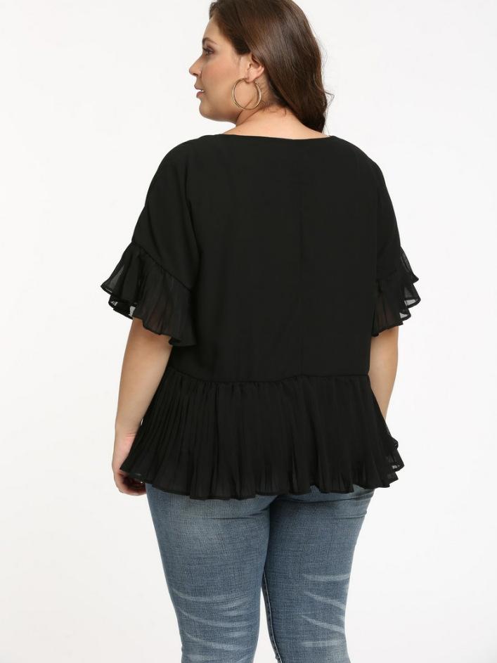 Black Short Sleeve Chiffon V Neck Casual Tops