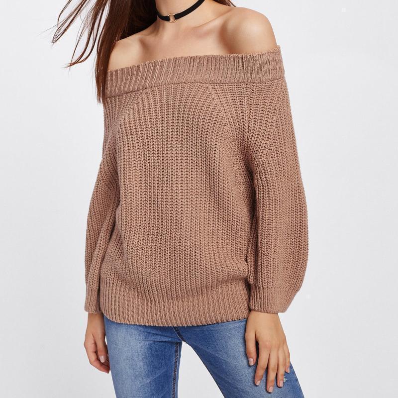 Solid Color One Word Collar Long Sleeve Sweater