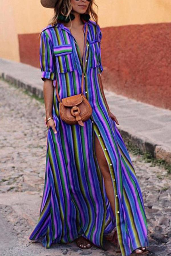 Button Down Collar Stripes Roll Up Sleeve Half Sleeve Maxi Plus Size Dress