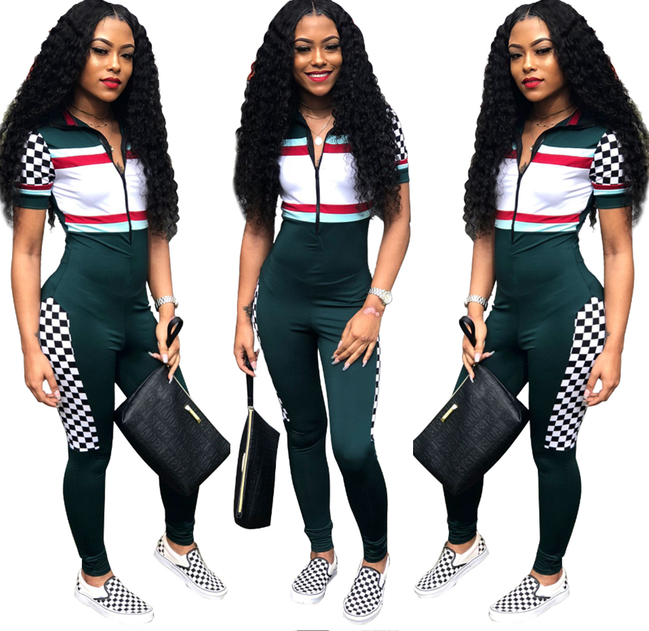 Sports Print Zipped Up Bodycon Jumpsuit