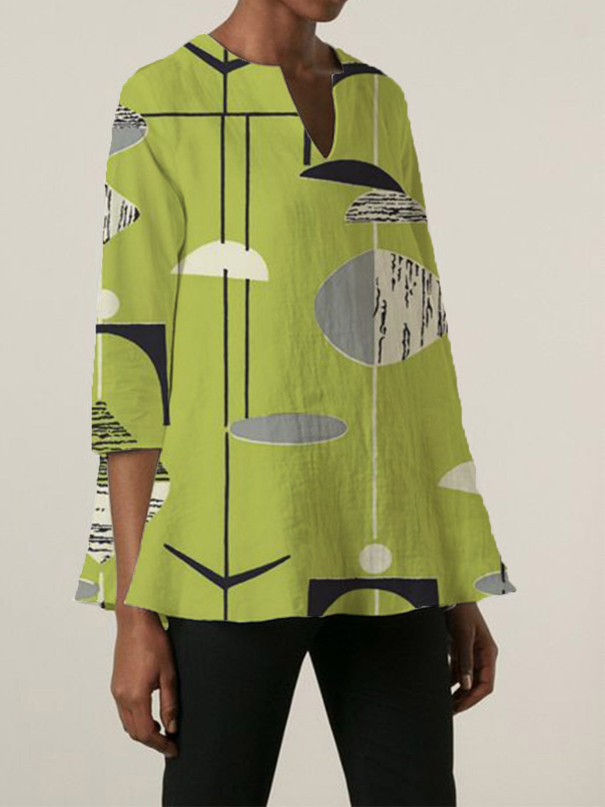 Cotton-Blend Floral 3/4 Sleeve V Neck Shirts & Tops