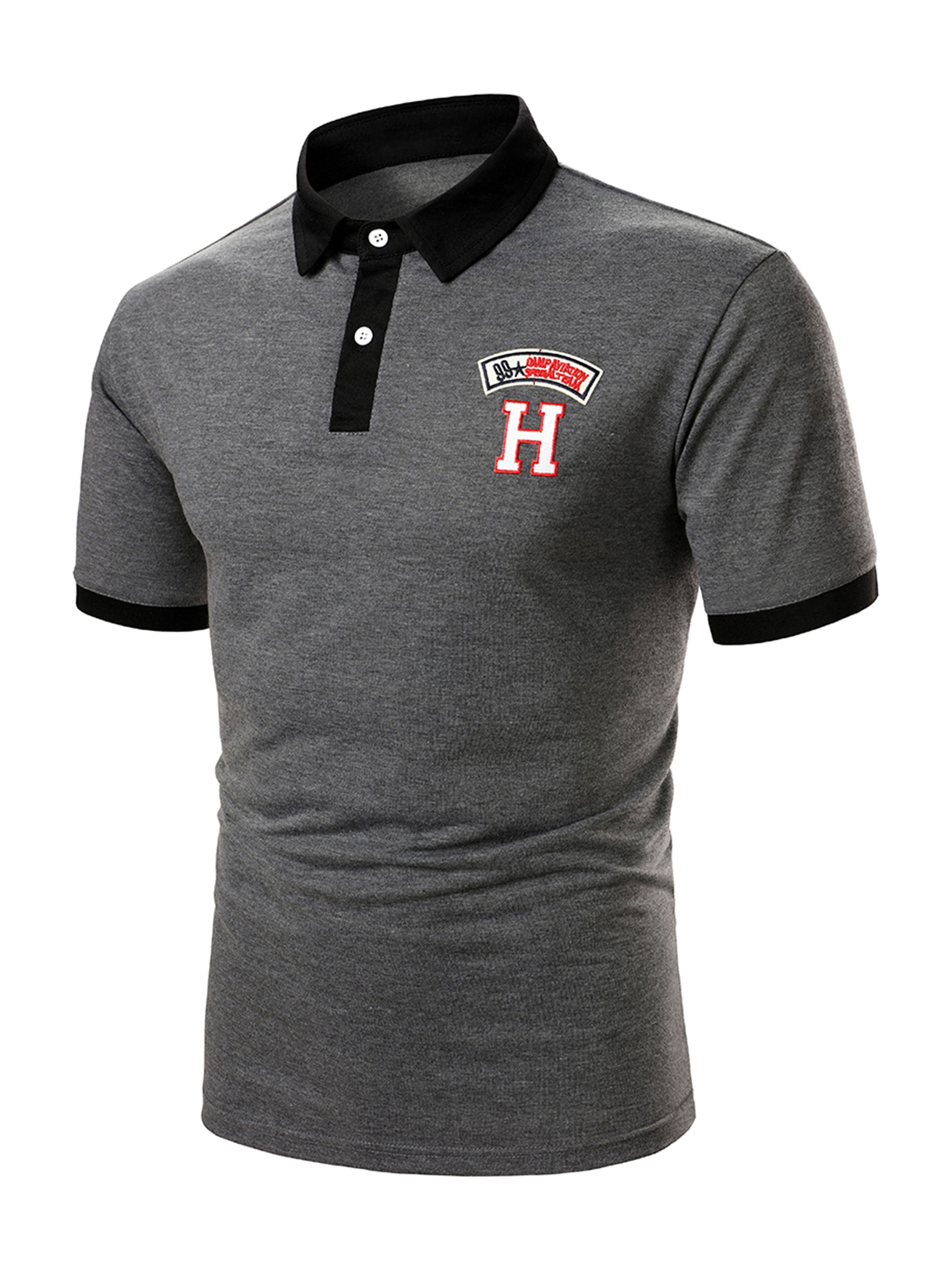 Men's Letter Applique Contrast Collar Polo Shirt