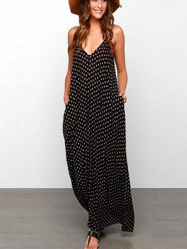 Chiffon Spaghetti Strap Backless Polka Dot Maxi Dresses