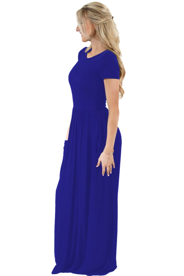 Blue Short Sleeve Ruched Waist Maxi Dress