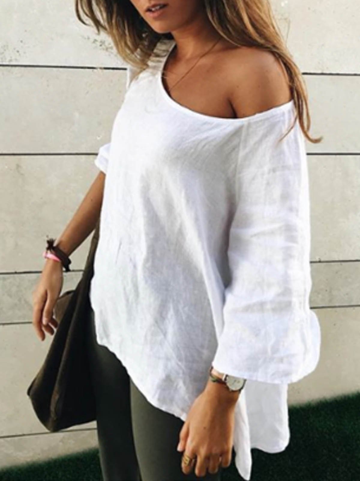 White Casual Round Neck Cotton-Blend Solid Shirts & Tops